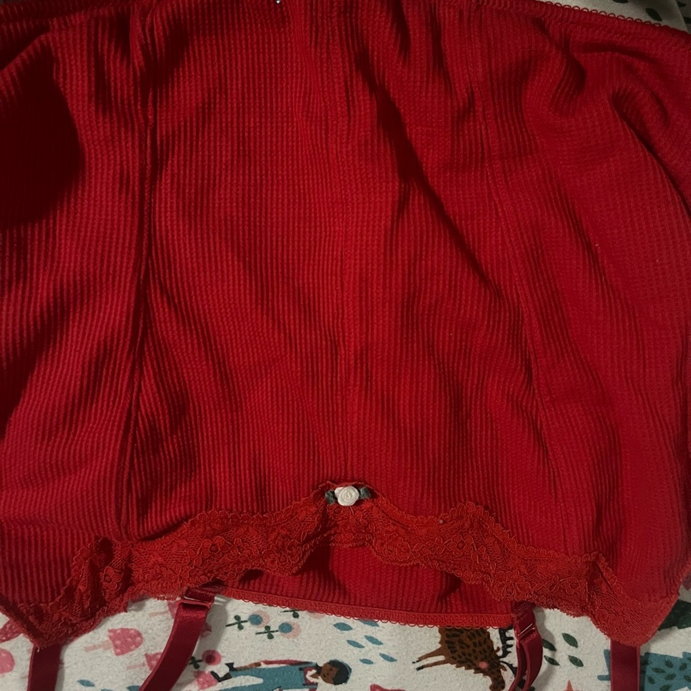 Red Ribbed Corset Top with Lace Trim